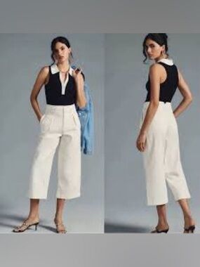 Anthro’s Maeve, Ivory High Rise Wide-Leg Culotte Crop Pants Pockets EUC Size 6